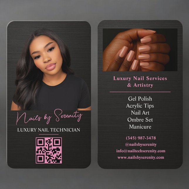 Nails Technician QR Code Metallic Black Pink Business Card (Creator Uploaded)