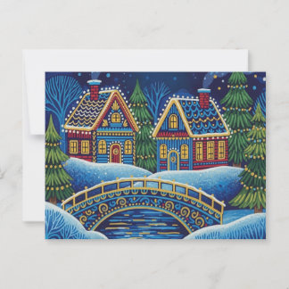 NAIVE ART Christmas snowy scene postcard