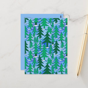 Naive Art Winter Spruce Forest Green Blue Postcard
