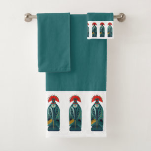 Naive Bird Red Feather Green Robe coat Border Bath Towel Set