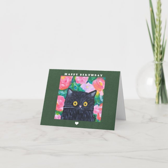 Naïve Folk art Black Cat Painting cute Birthday Card (Front)