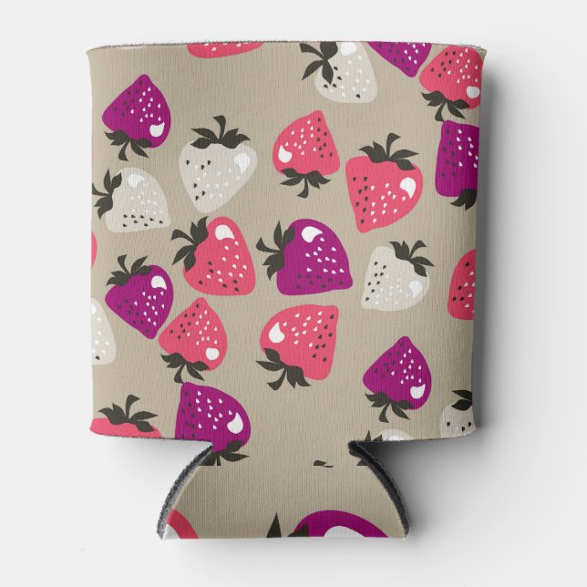 Naive Strawberries: Beige Background Seamless. Can Cooler (Front)