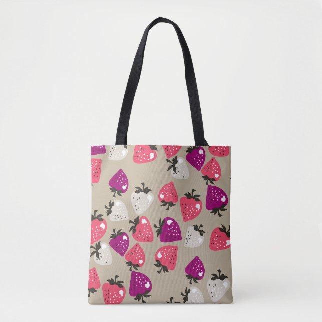 Naive Strawberries: Beige Background Seamless. Tote Bag (Front)