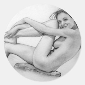 Naked woman bathes classic round sticker