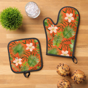 Nalani Hawaiian Tropical Garden Orange Oven Mitt & Pot Holder Set