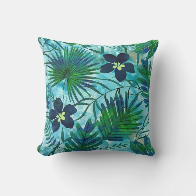 Nalani Hawaiian Tropical Garden Teal Outdoor Pillow (Front)