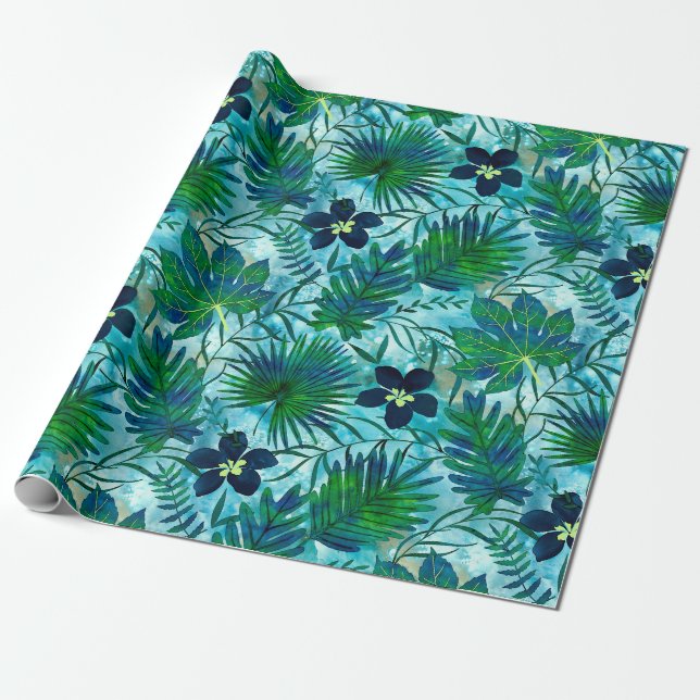 Nalani Hawaiian Tropical Garden Teal Wrapping Paper (Unrolled)
