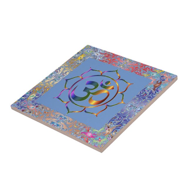 Namaste Aum Om & Lotus Rainbow Border Personalized Tile (Side)