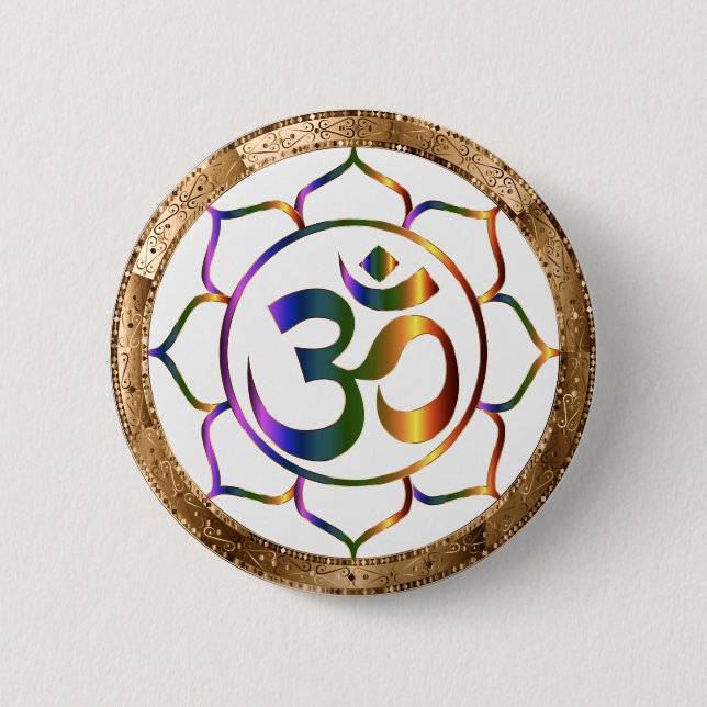 Namaste Aum (Om) & Lotus with Gold Bronze Border 2 Inch Round Button (Front)