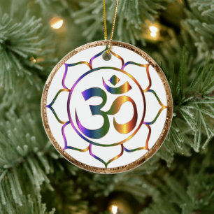 Namaste Aum (Om) & Lotus with Gold Bronze Border Ceramic Ornament