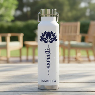 Namaste Blue Lotus Flower Modern Personalized Name Water Bottle