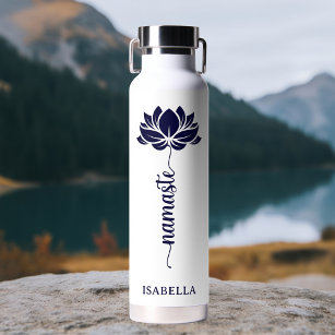 Namaste Blue Lotus Flower Modern Personalized Name Water Bottle