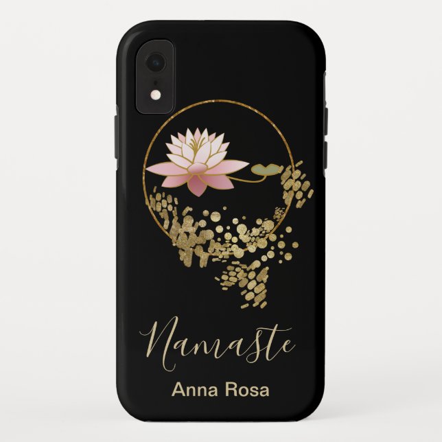 *~* Namaste Girly Lotus Gold Glitter Zen Black Case-Mate iPhone Case (Back)
