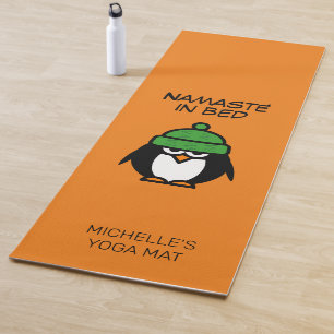Namasté in bed funny penguin cartoon custom name yoga mat