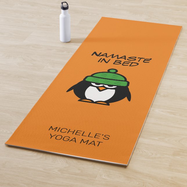 Namasté in bed funny penguin cartoon custom name yoga mat (In Situ)