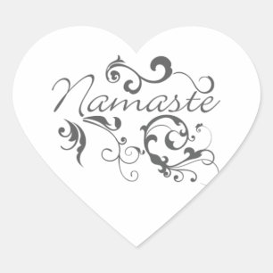 Namaste in dark grey swirls heart sticker