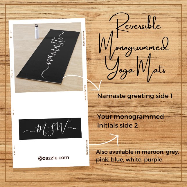 Namaste Initials Personalized Black White Yoga Mat (Reversible personalized monogrammed initials white on black ground yoga mat. Gift her good health.)