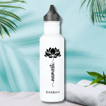 Namaste Lotus Flower Modern Personalized Name 710 Ml Water Bottle<br><div class="desc">Namaste Black Lotus Flower Modern Personalized Name Sports Fitness Yoga Stainless Steel Water Bottle features a black lotus flower with the text "namaste" in modern hand lettered calligraphy script and personalized with your name. Perfect gift for friends and family for birthday, Christmas, Mother's Day, best friends, yoga lovers, fitness and...</div>