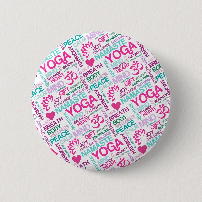 Namaste, Peace and Harmony Pink YOGA Pattern 2 Inch Round Button (Front)