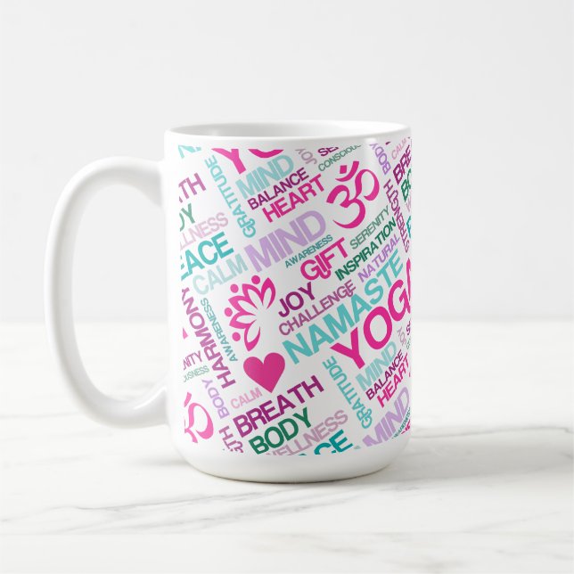 Namaste, Peace and Harmony Pink YOGA Pattern Coffee Mug (Left)