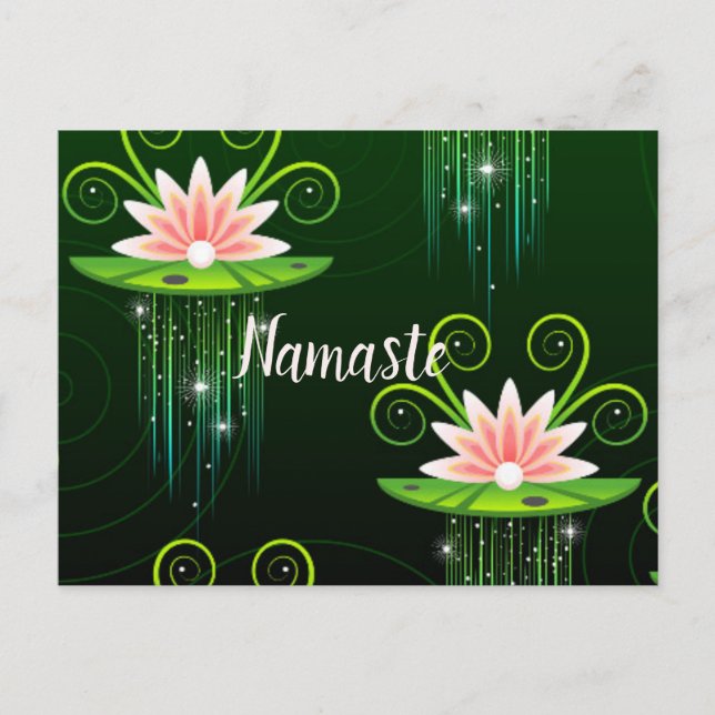 Namaste Pink Lilies & Green Pads Sparkling Stars Postcard (Front)