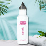 Namaste Pink Lotus Flower Modern Personalized Name 710 Ml Water Bottle<br><div class="desc">Namaste Pink Lotus Flower Modern Personalized Name Sports Fitness Yoga Stainless Steel Water Bottle features a pink lotus flower with the text "namaste" in modern hand lettered calligraphy script and personalized with your name. Perfect gift for friends and family for birthday, Christmas, Mother's Day, best friends, yoga lovers, fitness and...</div>
