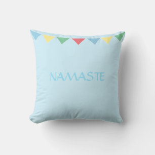 Namaste prayer multicolored flags on light blue throw pillow