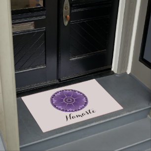 NAMASTE PurpleFlower Spiritual Lotus Mandala White Doormat