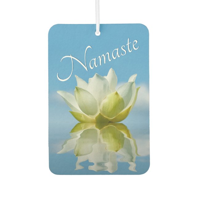 Namaste Reflecting White Lotus Flower on Sky Blue Air Freshener (Front)
