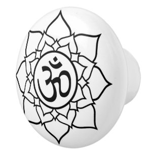 Namaste Round Door Knob Black White Ceramic Pull