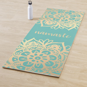 Namaste Teal Green and Gold Mandala Flowers Yoga Mat