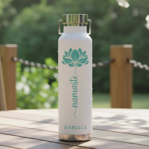 Namaste Teal Lotus Flower Modern Personalized Name Water Bottle