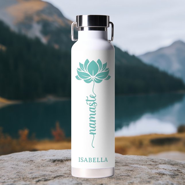 Namaste Teal Lotus Flower Modern Personalized Name Water Bottle (Creator Uploaded)
