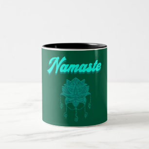 Namaste Teal Lotus Flower Typography Two-Tone Coffee Mug