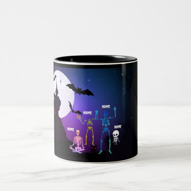 Namaste with the Skeleton Family: Whimsical Yoga  Two-Tone Coffee Mug (Center)