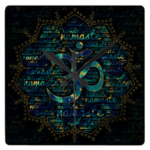 Namaste Word Art in Lotus with OM symbol Square Wall Clock