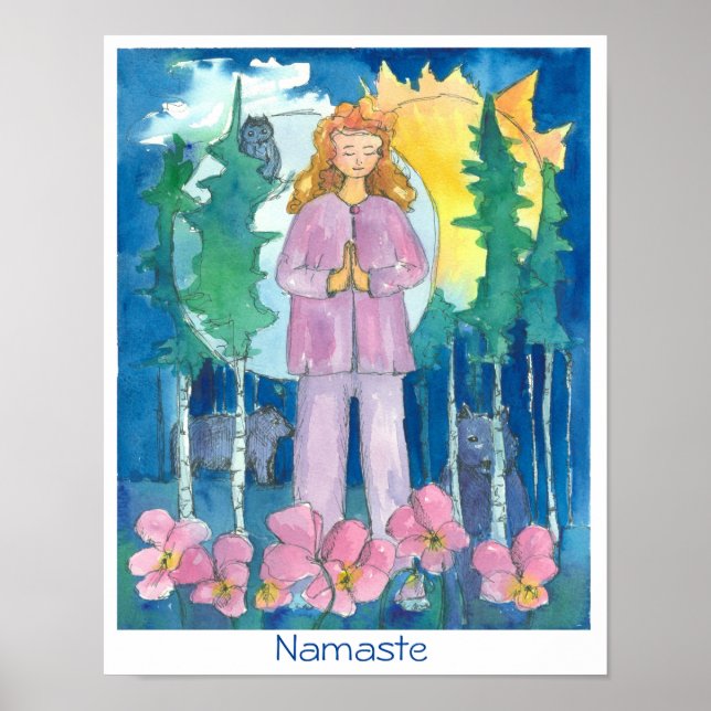 Namaste Yoga Wolf Owl Bear Wildlife Watercolor Poster (Front)