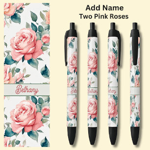 Name 2 Pink Roses Flowers Floral  Black Ink Pen