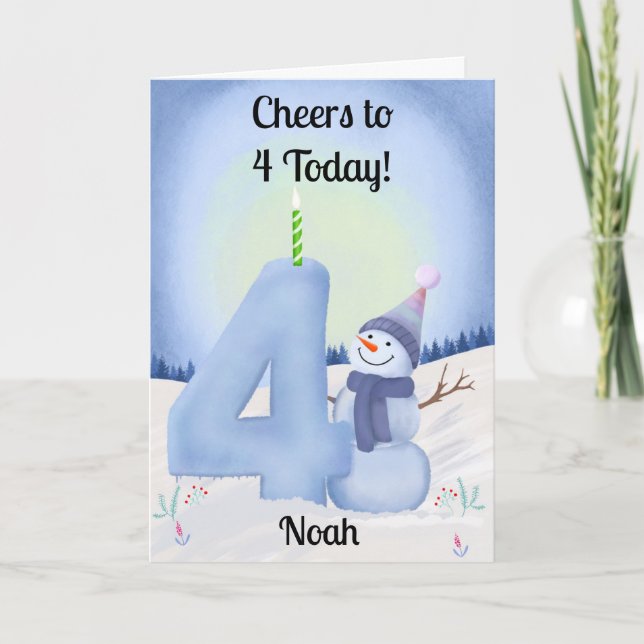 Name 4th Birthday Snowman with Snowy Four Card (Front)