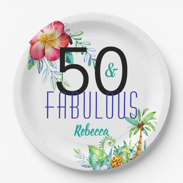 Name 50 and Fabulous Tropical Floral 50th Birthday Paper Plate (Front)