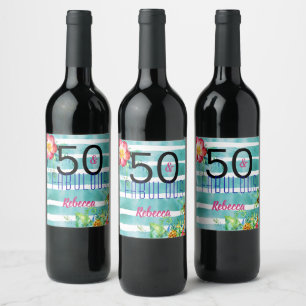 Name 50 and Fabulous Tropical Floral 50th Birthday Wine Label
