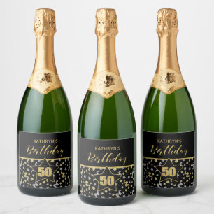 Name 50th Birthday Confetti Theme in Gold on Black Sparkling Wine Label