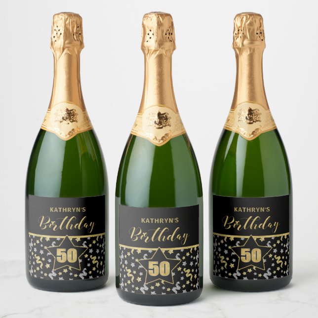 Name 50th Birthday Confetti Theme in Gold on Black Sparkling Wine Label (Bottles)