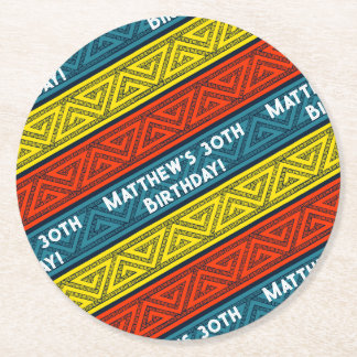 Name & Age Birthday Party Blue & Red Celtic Stripe Round Paper Coaster