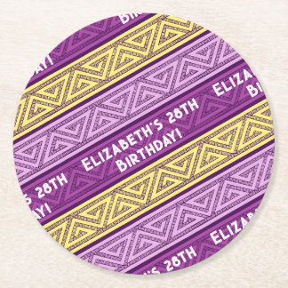 Name & Age Birthday Party Celtic Stripe Purple Round Paper Coaster