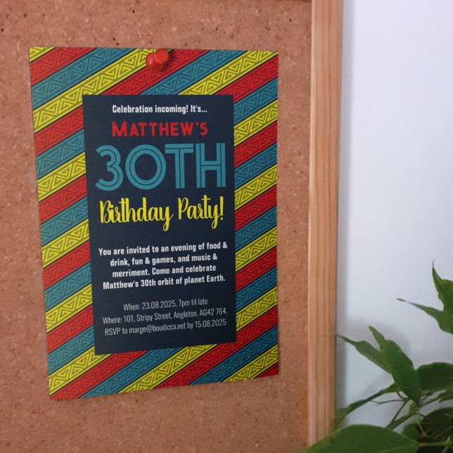 Name & Age Birthday Party Celtic Stripe Red Blue Invitation (Creator Uploaded)