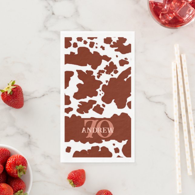 Name Age Brown Cow Spots Print Farmer Birthday Napkin (Insitu)