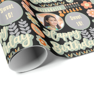 Name Age Photo Retro Vintage Daisy Flower Birthday Wrapping Paper