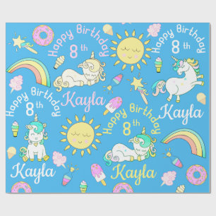 Name & Age Unicorns & Rainbows Party Pattern Wrapping Paper
