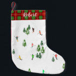Name Alpine Skiers Skiing Ski Winter Trees  Small Christmas Stocking<br><div class="desc">Cool winter themed skier pattern design with skiers skiing down alpine ski resort slopes among snow covered fir trees in alps. Freeride skiers are wearing colourful vintage retro ski suits, skiing downhill with skis on a white snowy mountain landscape background. Wonderful winter sport fun gift for a skier in your...</div>